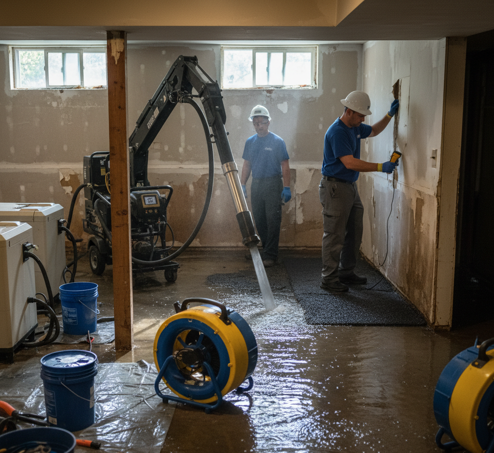 Flooded basement in New Jersey home with standing water and water damage